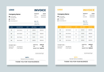 Modern Corporate Invoice Template Design, Professional Business Billing Invoice Layout, Clean Minimal Printable A4 Invoice, Blue and Yellow color Variations