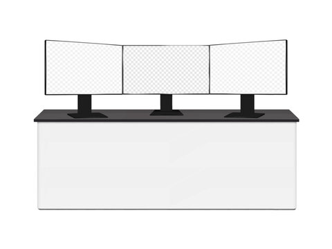 Long table with three monitors. Triple monitor setup. Realistic 3d vector mockup. 3 flat panel blank digital displays on desk. Empty screen stands. Easy editable mock-up. Template for design