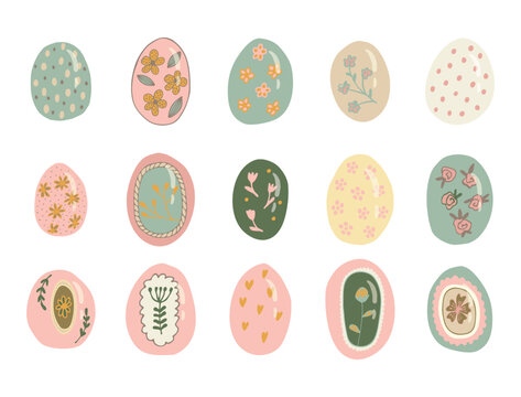Set of pastel Easter eggs with floral and botanical patterns. Cute hand drawn vector illustration with decorative elements, soft colors and minimal style, isolated on light background. Perfect for spr