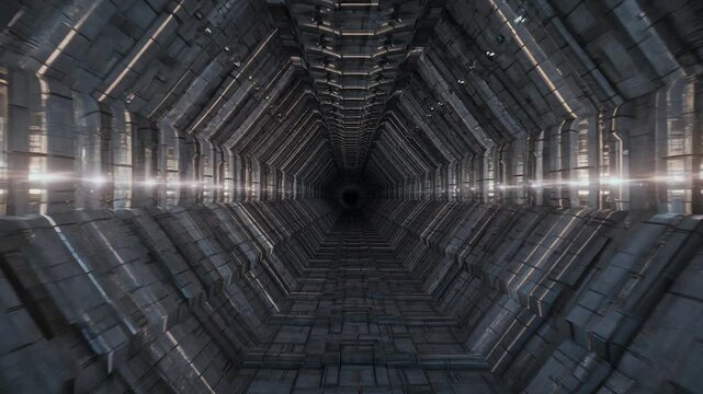 A futuristic corridor with glowing blue hexagonal patterns on the floor