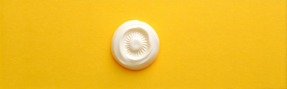 The top view shows white sun signs from sunscreen cream on a yellow background with a banner.