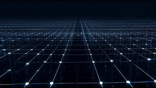A futuristic digital grid extending into the infinite darkness of space