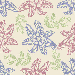 Seamless pattern with decorative flowers. Hand drawn vector illustration.
