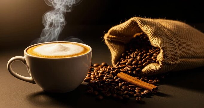 Steaming cup of coffee with latte art next to spilled coffee beans from burlap sack and cinnamon stick
