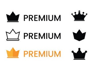 Set of Premium text with crown icon. Premium and VIP user crown symbol.