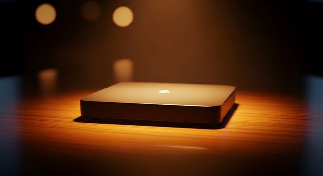 Sleek Silver Mini Computer Resting On Wooden Desk