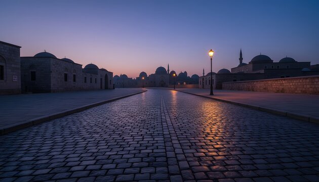 A quiet cobblestone street at dawn, with illuminated lamps reflecting a serene atmosphere for a spiritual Imsak concept.