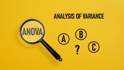 ANOVA analysis of variance concept with magnifying glass highlighting statistical test on yellow background for data research featuring statistics, hypothesis testing, experiment with mean comparison
