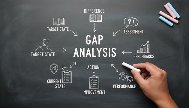 Gap analysis concept on chalkboard with hand holding chalk showing target state, current state, benchmarks, assessment and improvement plan featuring strategy, strategic planning, performance with