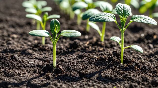 Time lapse of young green plants growing from dark soil under bright sunlight showcasing life cycle and agricultural development concept