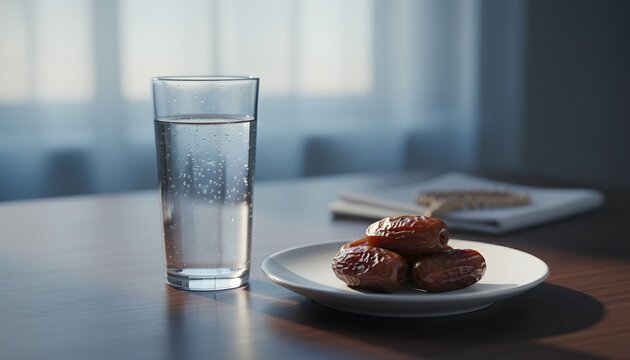 Glass of water and dates on a table bathed in early morning light, symbolizing the Imsak Ramadan concept for pre-dawn meal preparation