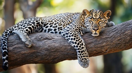 Majestic leopard peacefully sleeps on a sturdy tree branch in the jungle wildlife
