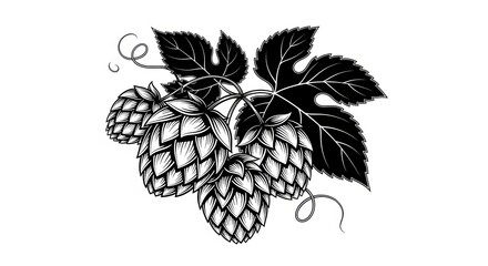 Detailed black and white vintage illustration of hops with leaves and tendrils. 