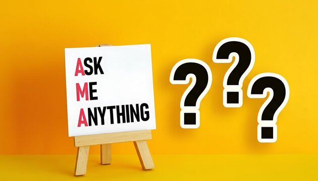 AMA sign on easel with ask me anything text and question marks on bright yellow background, Q&A concept with copy space featuring Q and A, Q&A, questions with faq and frequently asked questions