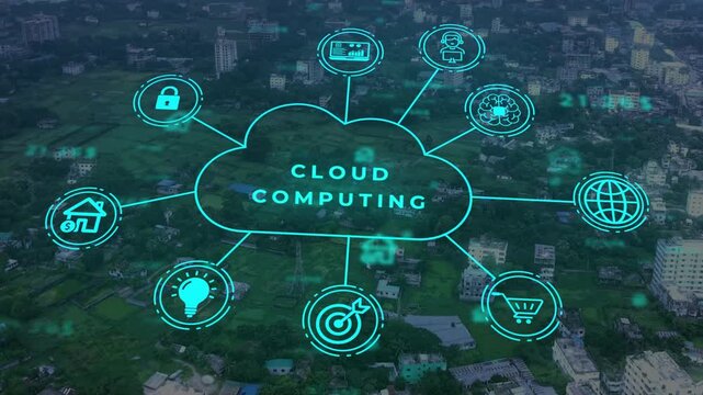 Cloud computing concept depicted from an aerial viewpoint of a city and rural areas with a cyan network illustrating distributed processing and digital infrastructure