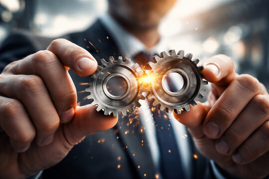Businessman holding interlocking metal gears with sparks, concept for friction in business and operational conflict