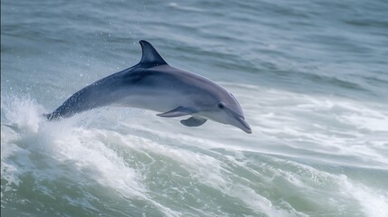 Fototapeta premium A bottlenose dolphin leaps out of the ocean waves, showcasing its agility and the beauty of marine life in its natural habitat.