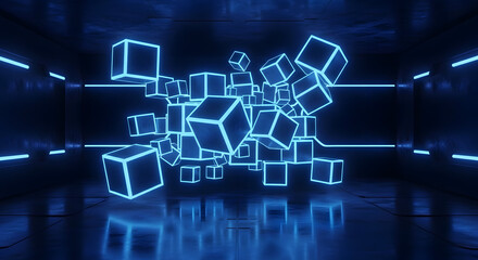 Fototapeta premium Abstract Blue Neon Glowing Cubes Floating in Dark Futuristic Room