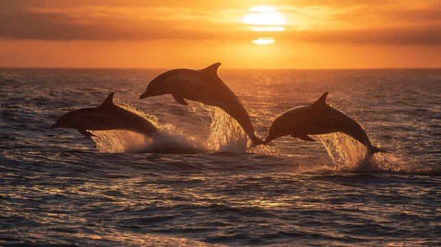 Pod of dolphins leaping in unison at sunset over the ocean, silhouetted against a warm orange sky, a magical wildlife moment.