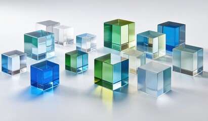 Obraz premium Collection of glass cubes in various colors and sizes arranged on white background, symmetrical composition highlighting clarity and transparency