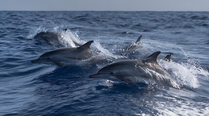 Fototapeta premium A pod of dolphins swims through the blue ocean, creating splashes as they move together with energetic grace.