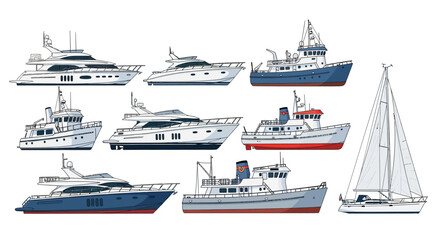 Naklejka premium Collectionofvariousboatsandyachtsonwhitebackground