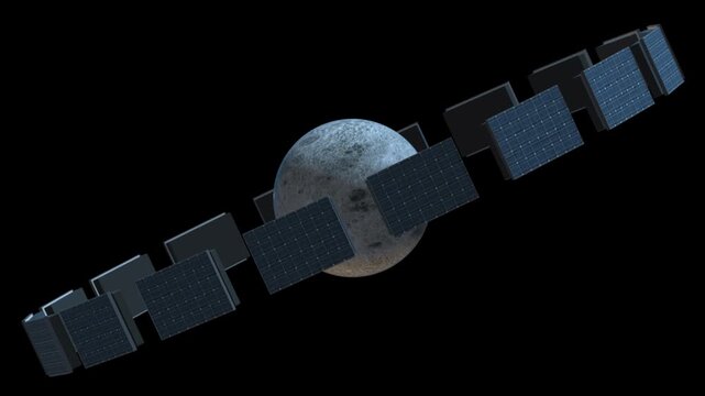 Futuristic solar panel ring orbiting the Moon with Alpha Channel. Seamless loop space station on transparent background. 
