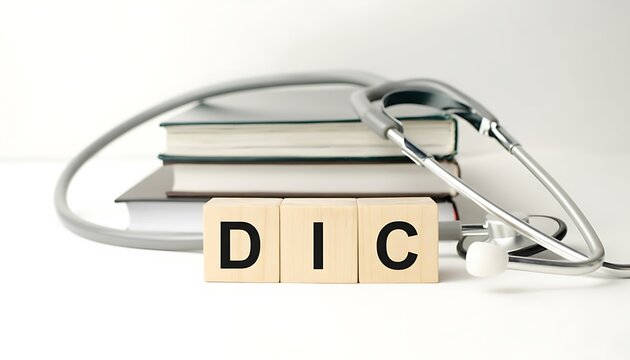 DIC acronym wooden blocks with stethoscope and medical books on white background, healthcare education and diagnosis concept featuring disseminated intravascular coagulation, coagulation disorder,