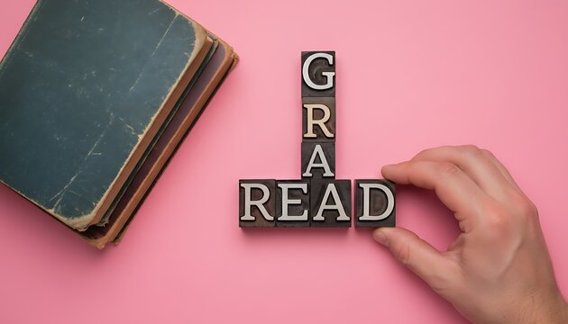 Hand arranging letterpress blocks spelling READ and GRAD beside old books on pink background, education and literacy concept featuring typography, wooden type, movable type with reading and graduate