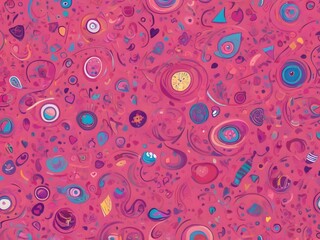 Vibrant abstract art with colorful shapes and swirling patterns on pink background