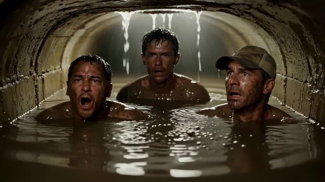 Slow tracking shot moving forward through a filthy sewer pipe as three desperate middle-aged men struggle through waist-deep thick brown sludge