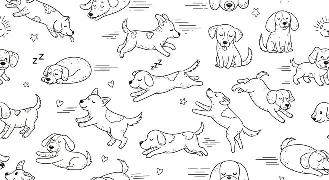Cute Dog Doodle Pattern: Playful Puppies in Various Poses, Black and White Sketch