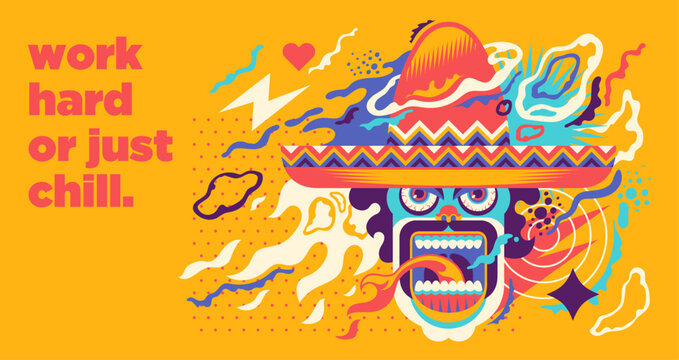 Conceptual abstract illustration of a comic character with a moustache and a sombrero. Vector illustration.