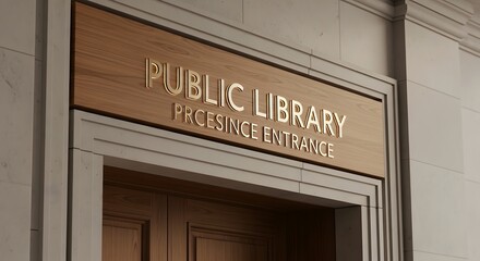 Obraz premium Public library entrance sign with golden lettering on a wooden plaque, set in classic stone architecture