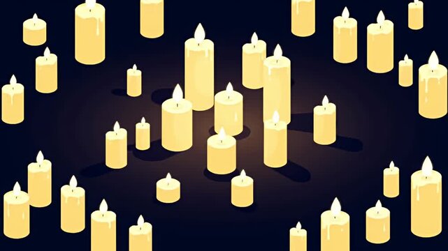 Isometric arrangement of lit candles of various heights on a dark backdrop