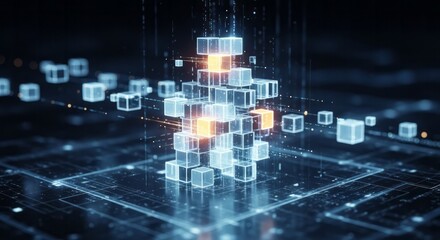 Fototapeta premium 3D Digital Cube Structure on Dark Background 3D Digital Cubes Abstract Technology Data Structure. Concept featuring 3d, digital, cubes, abstract, technology for professional commercial design.