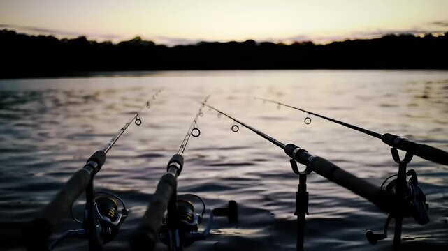 Fishing rods extend over a calm lake, silhouette trees and light at dusk horizon