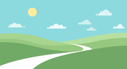 Obraz premium Winding road in serene green landscape with fluffy clouds in soft blue sky and warm sunlight for travel background