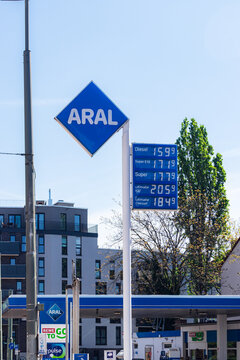 Frankfurt, Germany-April 20, 2025: Aral AG fuel station, German oil company pricing advertising sign in Frankfurt