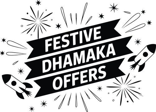 Black and white festive dhamaka offers text with rockets and fireworks festive, dhamaka, offers, sale, discount, promotion, rockets, fireworks, stars, explosions, black, white, text, banner, advertise