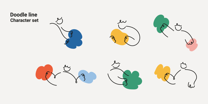Doodle line character set with abstract people figures and geometric shapes. One line drawing minimalist vector illustration collection for modern creative design projects colorful.