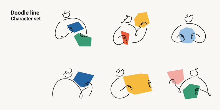 Doodle line character set with abstract people figures and geometric shapes. One line drawing minimalist vector illustration collection for modern creative design projects colorful.