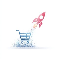 Shopping Cart Rocket Icon Flying Upward Against White Background