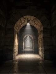 Dimly lit stone archway corridor leading to a bright light source