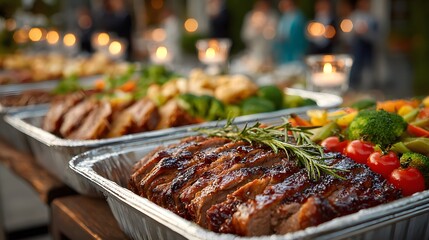 Lavish outdoor catering showing aluminum trays filled with succulent sliced roasted meats and steamed vegetables at an elegant garden party.