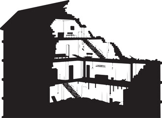 Obraz premium Black silhouette of a multi-story building with exposed interior
