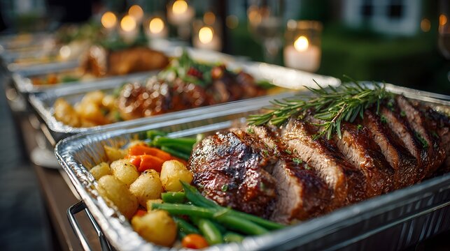Lavish outdoor catering showing aluminum trays filled with succulent sliced roasted meats and steamed vegetables at an elegant garden party.