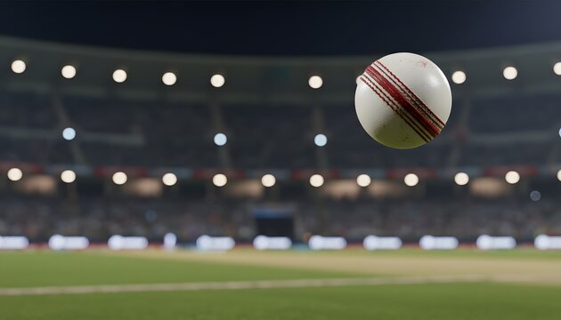 Cricket ball captured mid-air during a powerful sixer shot over a professional stadium pitch at night, representing an Indian Premier League (IPL) high-stakes game concept