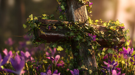 The rustic wooden cross is surrounded by green ivy and purple crocus flowers during a warm sunset, representing Easter hope, Christian faith, and memorial services.