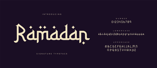 Ramadan premium luxury arabic alphabet letters and numbers. Elegant islamic typography ramadan wedding serif font decorative vintage. Creative vector illustration   © Anonymous